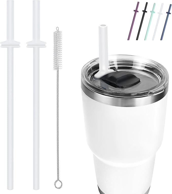 Silicone Straw for Yeti Rambler, 2PCS Reusable Straws & 1 Cleaning Brush for Yeti 30/20 oz Tumbler with Magslider Lid, Adjustable Drinking Straws Accessories Patent Pending (Transparent)