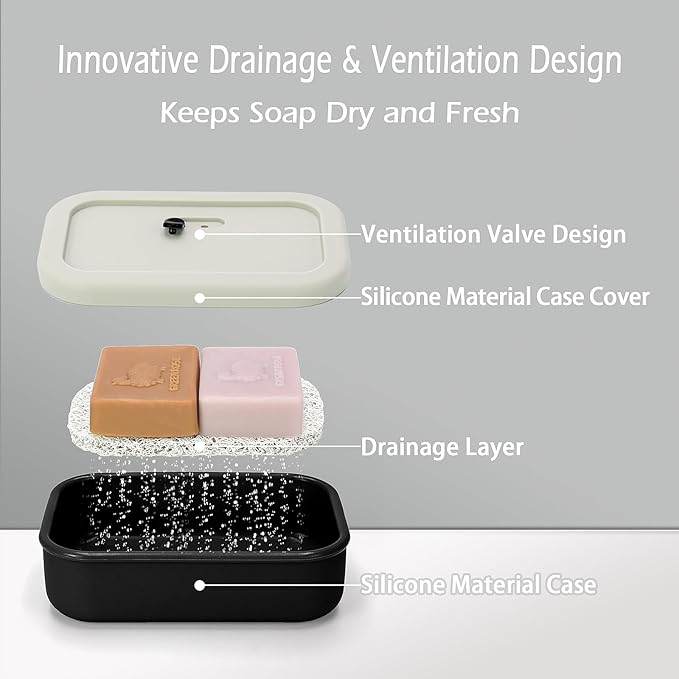 Large Leak Proof Travel Soap Case, Silicone Bar Soap Holder for Traveling, Portable Soap Container with Draining Layer (Offwhite&Bla