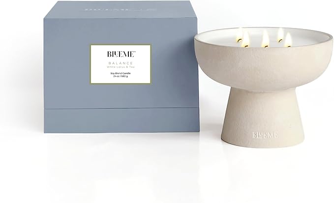 BLUEME Balance - White Lotus & Tea, Luxury Candle w/Essential Oils, 5 Wick, Hand-Poured Soy, Cotton Wick, Ceramic