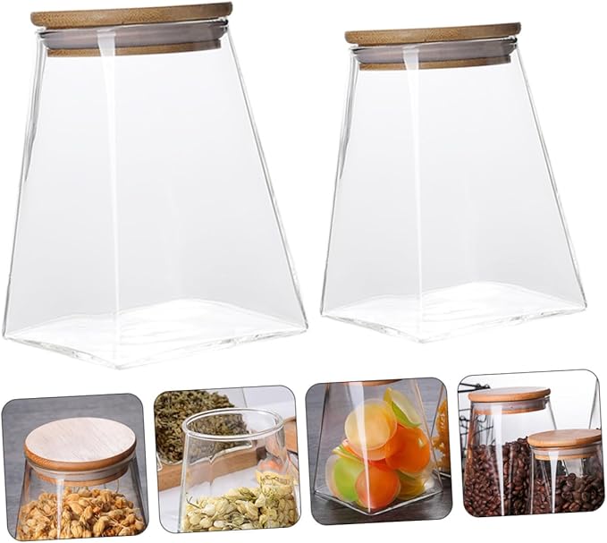 2 Pcs Transparent Glass Storage Jars with Wooden Lids Airtight Tea Canisters Kitchen Containers for Cereals Snacks Pantry Organization and Fresh Food Storage