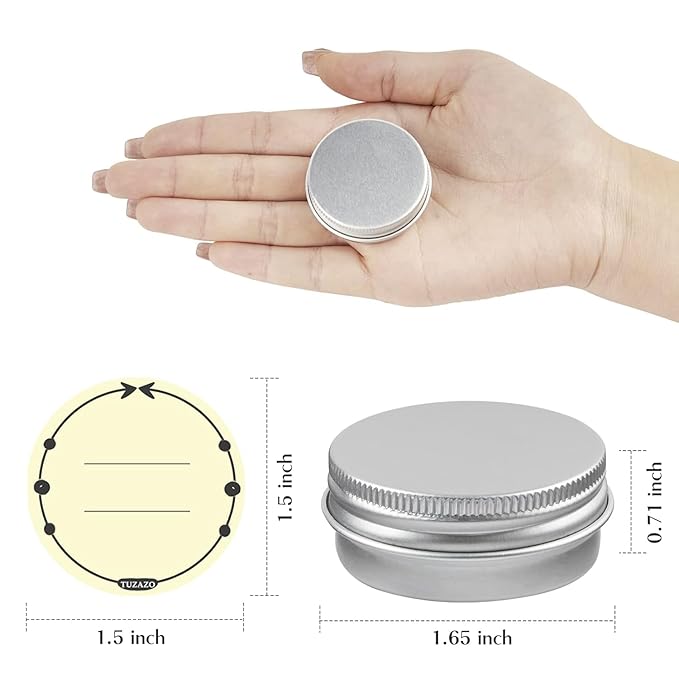 TUZAZO 48Pack 1/2 Oz Aluminum Tin Cans with Screw Lid and Labels, Refillable Travel Sized Cosmetic Containers Small Tins for Lip Balms, Salves, Lotion Bars, Candles