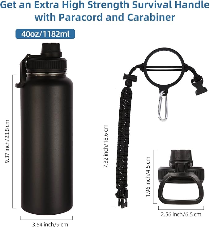 Volhoply Insulated Water Bottles Bulk 4 Pack, 40 oz Stainless Steel Sports Bottle with Paracord Handle & Spout Lid, Double Walled Metal Travel Water Cups with Wide Mouth for Cold Drink(Black,4 Set)