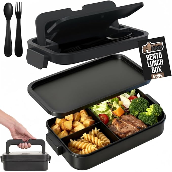 GORILLA GRIP BPA-Free Leakproof 3-Compartment Bento Lunch Box for Adults, Kids, Microwave Safe Hot and Cold Food Containers, Easy to Carry Lid Includes Built-In Utensils Set, Holds 5 Cups, Black
