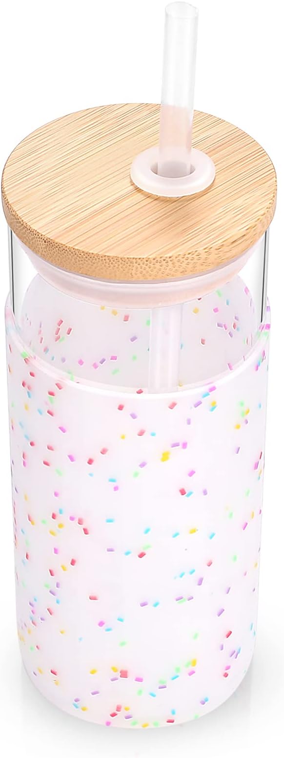 Tronco 20 oz Glass Tumbler with Lid and Straw, Iced Coffee Cup and Smoothie Cup with Bamboo Lids & Protective Silicone Sleeve, Dishwasher Safe, BPA-Free, Glass Cup 1 Pack