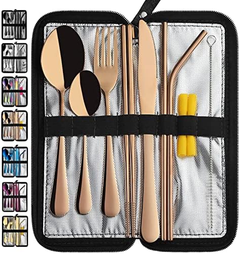 Portable Travel Utensils, Reusable Silverware with Case for Fixing Tableware, 9 Pieces Stainless Steel Stable Flatware Set, Camping Picnic Cutlery Set (Rose Gold Set) by VANDBAO