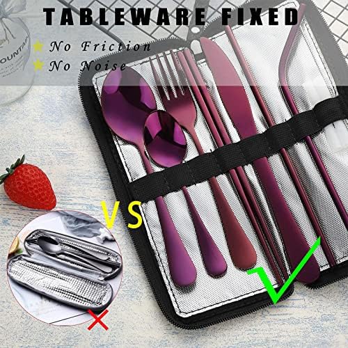 VANDBAO Portable Travel Utensils, Reusable Silverware with Case for Fixing Tableware, 9 Pieces Stainless Steel Stable Flatware Set, Camping Picnic Cutlery Set (Purple Set) - Image 2