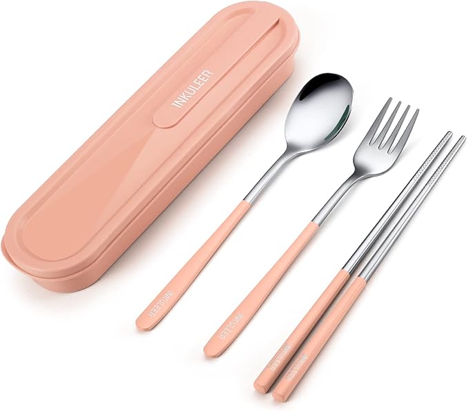 Travel cutlery set, 18/8 stainless steel cutlery, Reusable utensils set with case, Portable Silverware Lunch Box for Camping and Office (Pink)