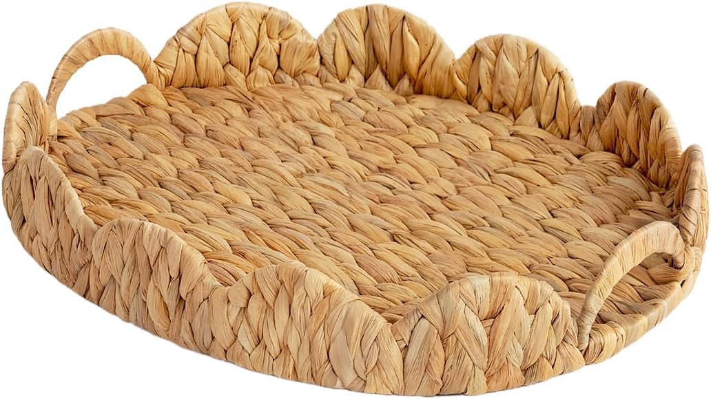 StorageWorks Elliptical Wicker Scalloped Tray, Rattan Serving Trays with Handles, Water Hyacinth Basket for Decorative & Organizing, 16.5" L x 13" W x 2.8" H