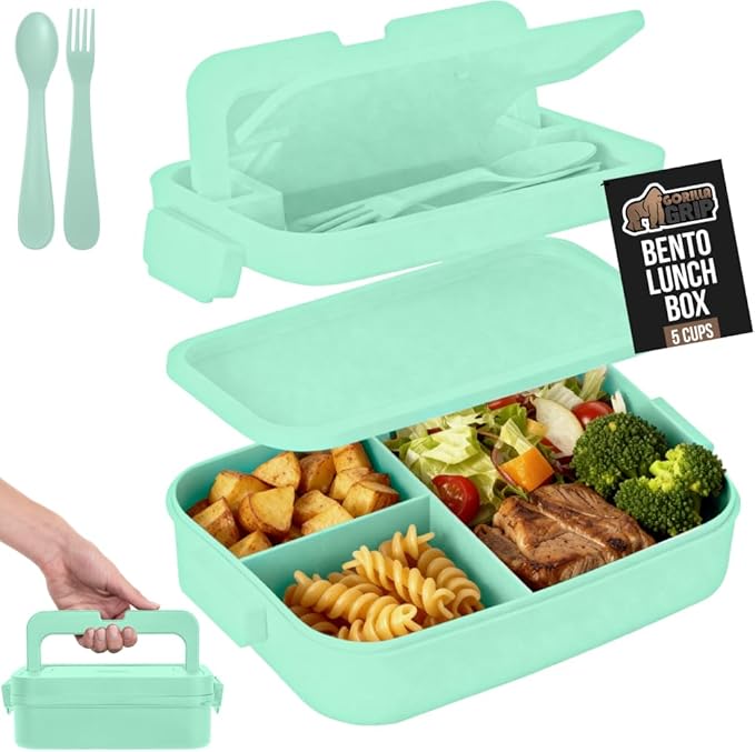 GORILLA GRIP BPA-Free Leakproof 3-Compartment Bento Lunch Box for Adults, Kids, Microwave Safe Hot and Cold Food Containers, Easy to Carry Lid Includes Built-In Utensils Set, Holds 5 Cups, Mint