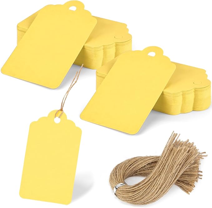 SallyFashion 120pc Gift Tags with String - Blank Yellow Paper Hanging Tags for Wedding & Birthday Gifts DIY