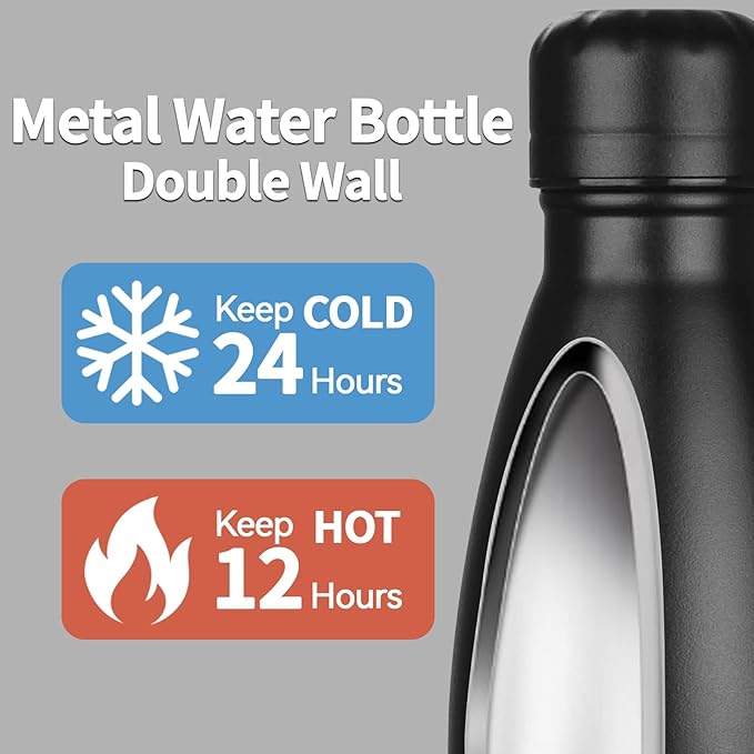 OWS 17oz Insulated Water Bottles Bulk 1/2/4 Pack, Metal Sports Water Bottles, Double Wall Vacuum BPA-Free Flask for School, Sports(black 1pc)