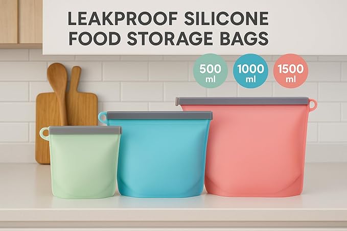 Reusable Silicone Food Storage Bags: Leak-Reistent Stand-up Pouches for Meal Prep, Sandwiches, Snacks, Baby Food, 3 Pack (500ml, 1000ml, 1500ml). BPA-Free, Freezer and Dishwasher Safe, Eco-Friendly