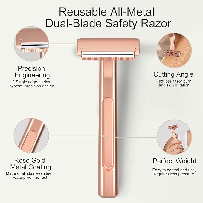 Razors for Women, Dual-Blade Safety Razor with Pivoting Head, Reusable Metal Shaving Razor, with 10 Double Edge Blades, Smooth Close Shave, Rose Glod