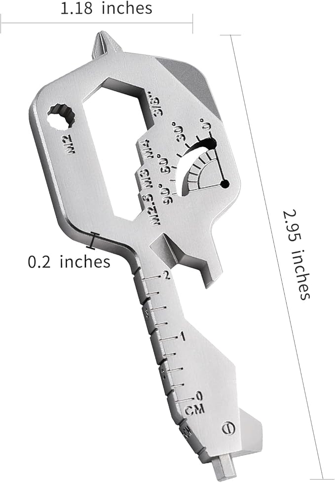20 IN 1 Key Shaped Multitools, Key Shaped Pocket Tool, Stainless Steel Utility Gadget, Gift for Men, Everyday Carry, Automotive, Home Improvement, Bottle Opener, Screw Driver, Silver, 1 Pcs