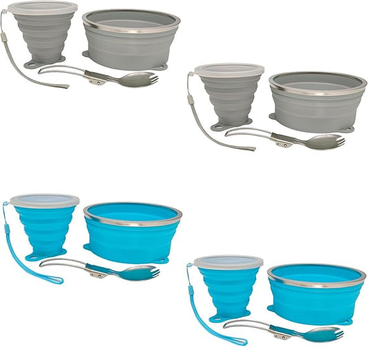 Mess Kit for Camping Silicone Collapsible Bowl Collapsible Cup and Stainless Steel Spoon for Backpacking Outdoor Hiking Traveling and Picnic - 4 Pack