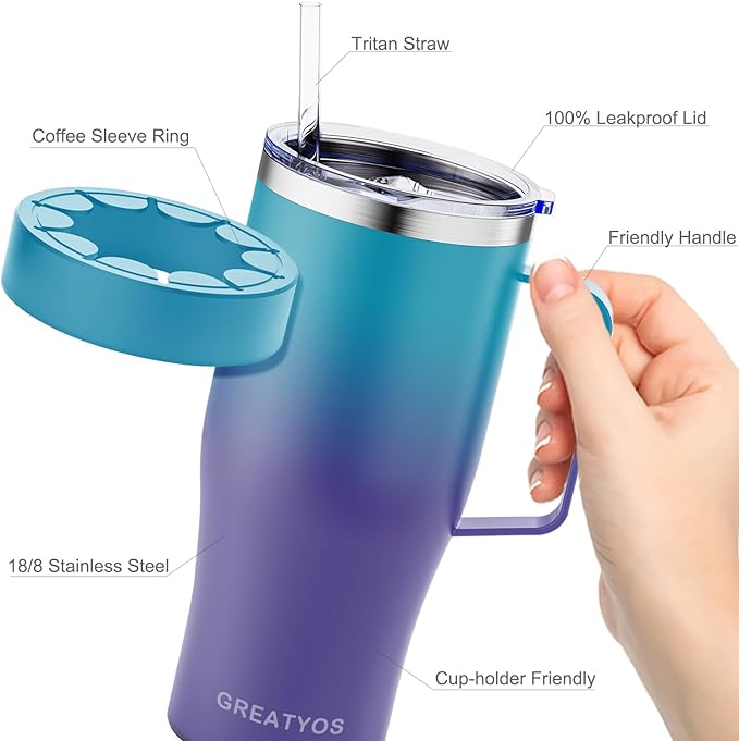 Universal Iced Coffee Sleeve with Handle - Insulated Double Wall Reusable Stainless Steel Holder Insulator for Cold Drinks Fits Small Medium Large To Go Cups Gifts for Men Women Him Her (Ocean Dream)