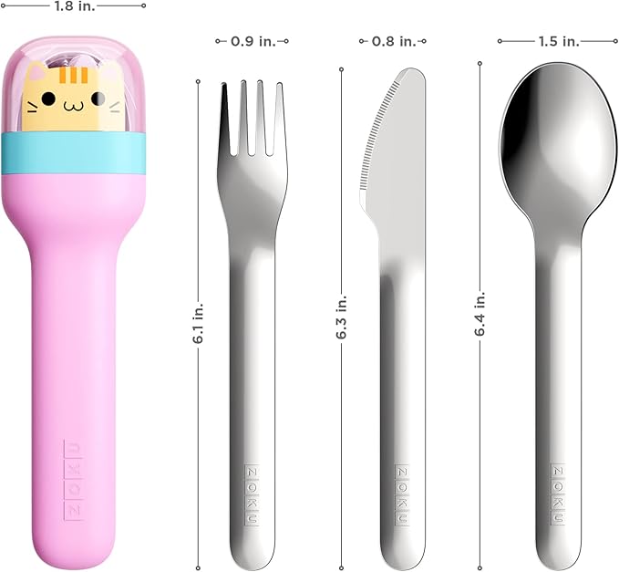 ZOKU Kids Pocket Utensil Set, Kitty - Stainless Steel Fork, Knife, and Spoon in Case - Portable Design for Travel, School, Picnics, Camping and Outdoor Home Use