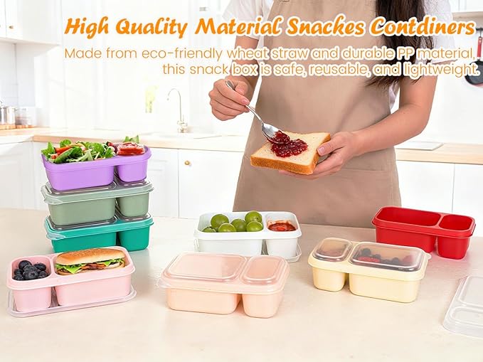 8 Pack Wheat Straw Snack Containers with Lids, 2-Compartment Reusable Bento Boxes for Meal Prep, Travel, Camping, and On-the-Go Snacks, Leak-Proof & Dishwasher Safe (8 Colors)