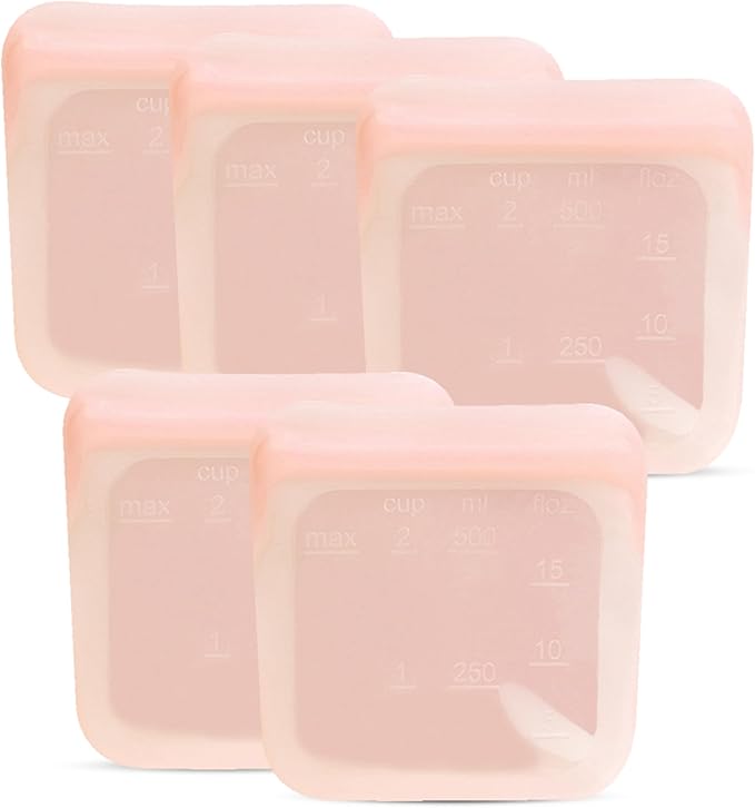 purifyou Set of 5 Reusable Silicone Storage Snack Bags 6oz / 16oz / 32oz / 64oz Self-Seal Food Storage Container for Fruits, Vegetables, Sandwiches, Dishwasher Safe & Leak-free (CloudPink, 16oz)