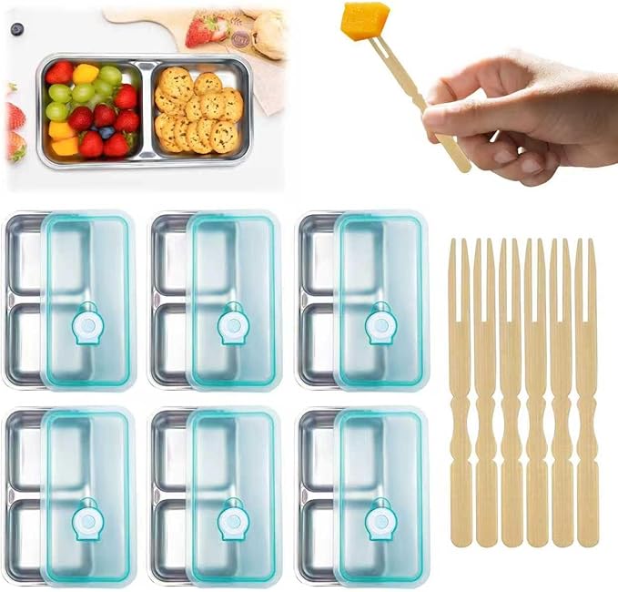 Grab and Go Snack Containers Stainless Steel Reusable, 6 PCS Stainless Steel Double Compartment Lunch Box, Metal Food Storage Containers Home, Travel With 100PCS Mini Bamboo Forks