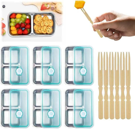 Grab and Go Snack Containers Stainless Steel Reusable, 6 PCS Stainless Steel Double Compartment Lunch Box, Metal Food Storage Containers Home, Travel With 100PCS Mini Bamboo Forks