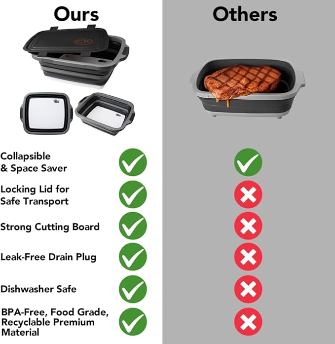 New XL Collapsible BBQ Prep Tub wtih LOCKING Lid, Cutting Board & Drain Hole | BPA-Free, Food-Grade, Recyclable, Space-Saving Caddy for Grilling, Camping, Kitchen & Outdoor Cooking (Black, 30 Liters)