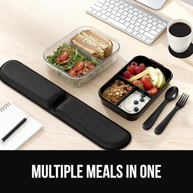 GORILLA GRIP BPA-Free Leakproof 5-Compartment Bento Lunch Box for Adults, Kids, Holds 10 Cups, Microwave Safe Hot and Cold Food Containers, Easy to Carry Lid Includes Built-In Utensils Set, Black
