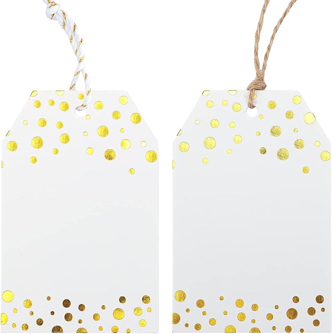Anwyll Gift Tags with String - 100Pcs Gold Foil Metallic Confetti Polka Dot Gift Bag Tags Personalized White Blank Hang Paper Label Tag for Birthday Party Bridal Shower Wedding Christmas Favor Present