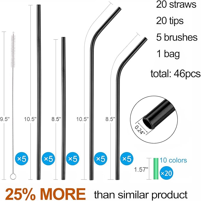 20 Pcs Black Reusable Stainless Steel Straws,10.5" & 8.5" Reusable Drinking Straws with 20 Silicone Tips 5 Straw Brushes 1 Travel Case,Eco Friendly Extra Long Metal Straw for 20 24 30 oz Tumbler