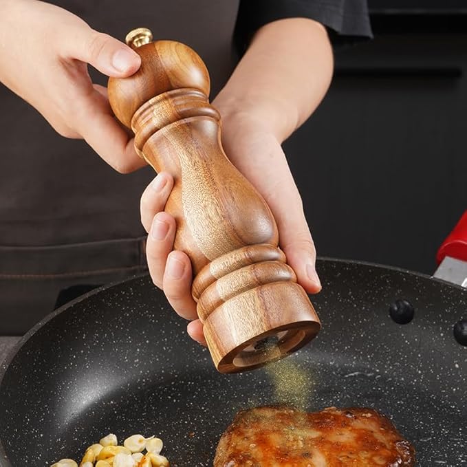 QUEEN Acacia Salt Pepper Grinders Refillable Set, Acacia Wood Salt and Pepper Set, Easy Refillable Manual Wooden Salt Pepper Grinder with Tray 2pcs, Perfect Housewarming Gifts