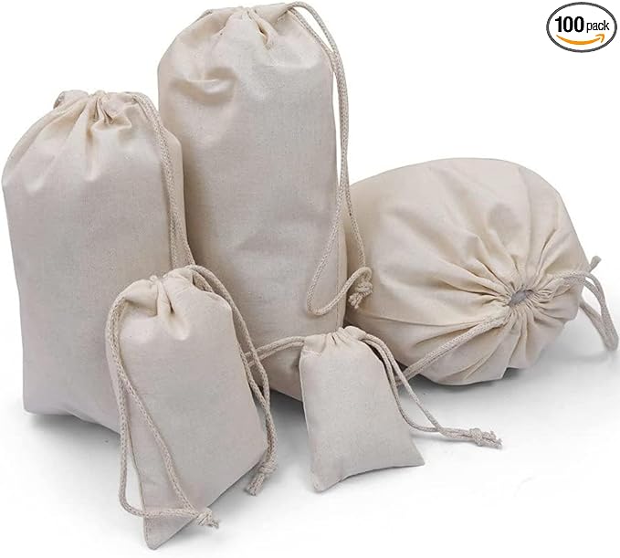 100Pcs 4 x 6 Inches Premium Cotton Muslin Double Drawstring Bags, Reusable Bag Natural Cotton Bags with Drawstring Produce Bags Bulk Gift Bag Jewelry Pouch for Party Wedding Home Storage
