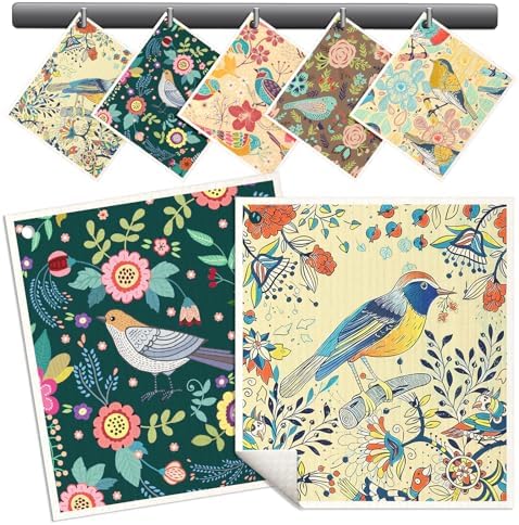 Miss Adola Swedish Dishcloths for Kitchen - 5 Pack Reusable Dish Cloths for Washing Dishes Absorbent Cute Funny Kitchen Towels Cleaning Sponge, Flower Bird by MissAdola
