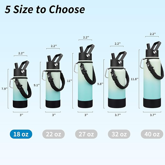 BJPKPK Water Bottle with Straw Lid, 18oz Insulated Water Bottles with 3 Lids, Paracord Handle & Non-slip Boot, Metal Stainless Steel Thermal Flasks, BPA Free Leak Proof Cups, Tumblers,Mint
