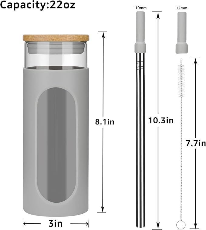 Tronco 22oz Glass Tumbler with Bamboo Lid and Straw, Glass Cup For Boba,Iced Coffee,Smoothie, Spill Proof Glass Water Bottle With Silicone Protective Sleeve, Dishwasher Safe,BPA Free