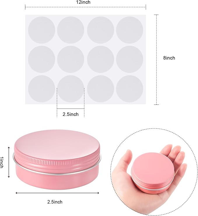 Patelai 72 Pcs 2 oz Aluminum Tins Salve Containers with Screw Lid and Labels Round Cans Travel Cosmetic Metal Tins Jar for Candles Lotion Bars Balms Food Spice Candies DIY Crafts(Pink)