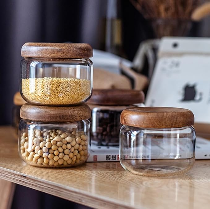 QUUPY 300ML/10OZ Glass Storage Jar with Airtight Wooden Lid Kitchen Pantry Food Storage Container for Coffee Sugar Spices