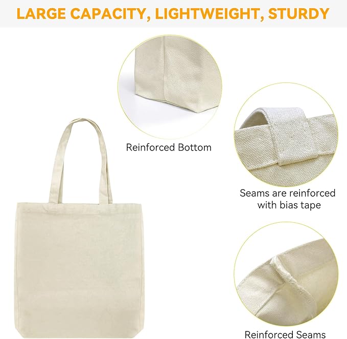Faylapa 12 Pack Canvas Tote Bags, Heavy Duty Reusable Grocery Shopping Bag 13.6"x 15.3" Blank Cotton Bags for Decorating Christmas Crafts DIY, Painting(Beige)