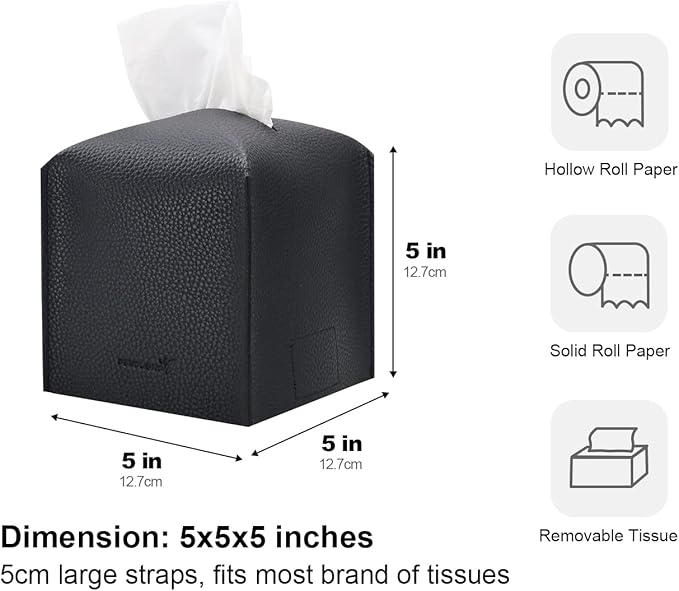 Tissue Box Cover 5X5X5'' PU Leather Tissue Holder Square Tissue Cube Box Organizer for Bathroom Vanity Countertop, Car, Night Stands, Office, Home, Kitchen (2Pack, Black)