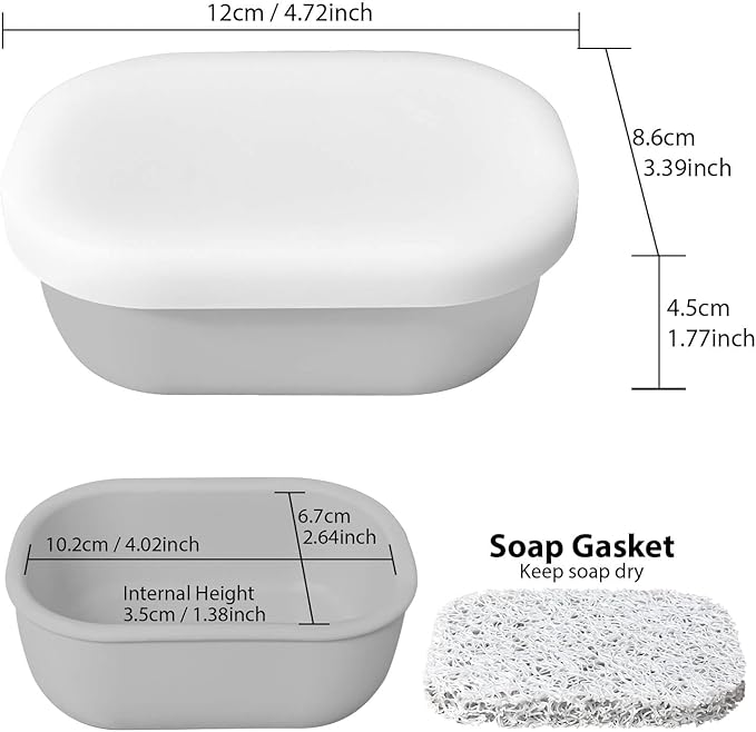 Leakproof Silicone Travel Soap Case with Drainage Layer, Silicone Bar Soap Holder Compact Portable Shatterproof Soap Container Box for Bathroom Gym Camp Travel Toiletries (Gray, Clear Lid)