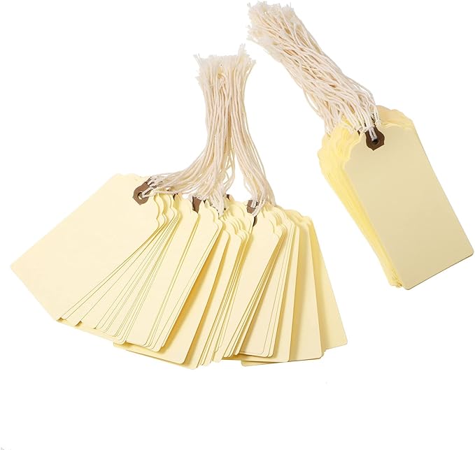 Outus 60 Pcs 4 3/4-in x 2 3/8-in Blank Large Paper Gift Tags with String and Reinforced Eyelet Wire Writable Price Tags Shipping Labels Inventory Labels(Ivory)