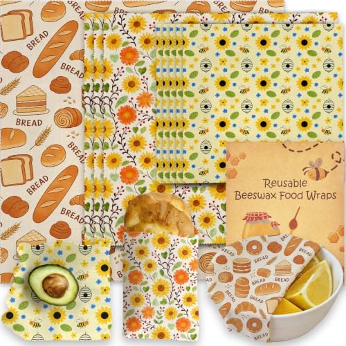 Reusable Beeswax Wraps, Bread Floral Bee Wraps, 9 Pack, For Sandwich, Bread, Fruit, Bowl, Eco-Friendly, Organic Cotton, Sustainable, Zero Waste, Plastic-Free, 1XL, 3M, 5S by Unknown