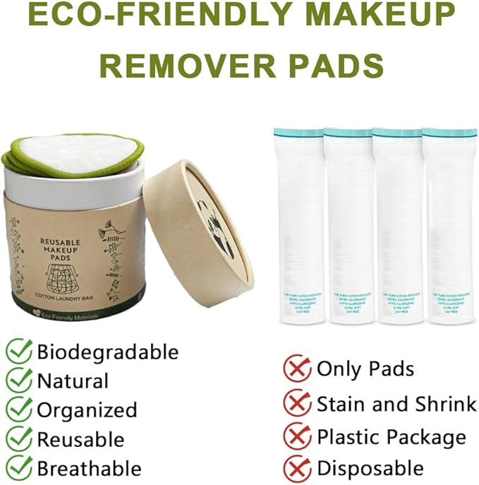 30 Pack Reusable Makeup Remover Pads with Laundry Bag and Round Box, Eco-Friendly and Suitable for All Skin Types, Washable Bamboo Reusable Cotton Rounds for Face Green
