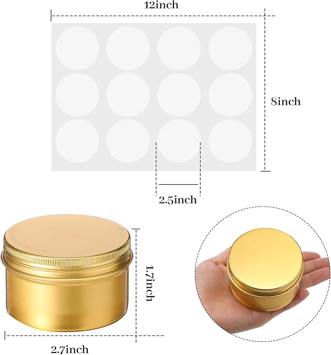 Patelai Gold Christmas Aluminum Tin Cans 24 Pcs 4 oz Round Metal Tin Jar Containers Refillable Aluminum Storage Cans with Screw Lid and 10 Sheets Label Sticker for Salve Spice Candy Candle