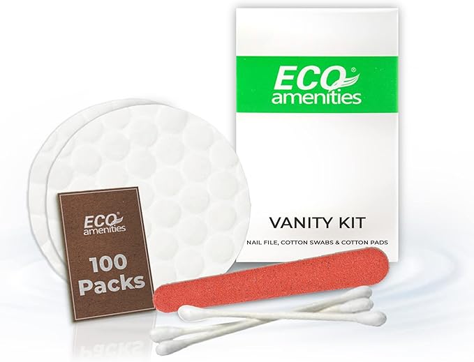 ECO amenities Cotton Rounds Travel Set - Individually Wrapped Cotton Swabs - Disposable Nail File Kit - Bulk Hotel Vanity Kit - 500-Piece Set, White