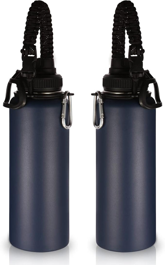 Volhoply Insulated Water Bottles Bulk 2 Pack, 40 oz Reusable Stainless Steel Sports Bottle with Paracord Handle & Spout Lid, Double Wall Vacuum Travel Big Water Cups with Wide Mouth(Navy,2 Set)