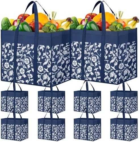 Reusable Grocery Bags Foldable Tote Bags bulk Shopping Bags 10-Pack, Blue by WOWBOX