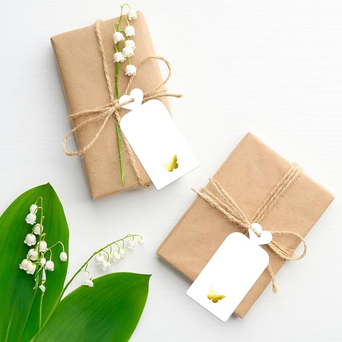 joycraft 100Pcs Gift Tags with String, 4x2 in Blank Tags with Gold Foil Butterfly, White Paper Labels for Birthday, Wedding, Baby Shower, Christmas