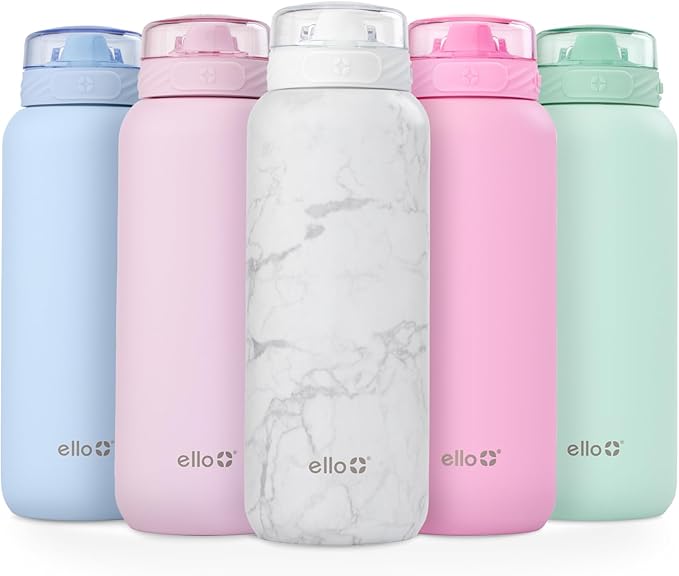 Ello Cooper 32oz Stainless Steel Water Bottle with Straw and Carry Handle, Double Walled and Vacuum Insulated Metal, Leak Proof Locking Lid with Soft Silicone Spout, Reusable, BPA Free, White Marble