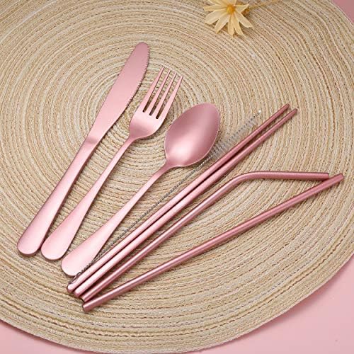 Portable Stainless Steel Flatware Set, Travel Camping Cutlery Set, Portable Utensil Travel Silverware Dinnerware Set with a Waterproof Case (Pink) - Image 4