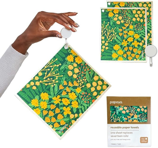 Papaya Reusable Paper Towels, Premium Swedish Dishcloths, Washable Reusable Dish Cloths, 1 Sheet Replaces 17 Rolls, Eco Friendly Stocking Stuffer - 2 Sheets, 1 Hook